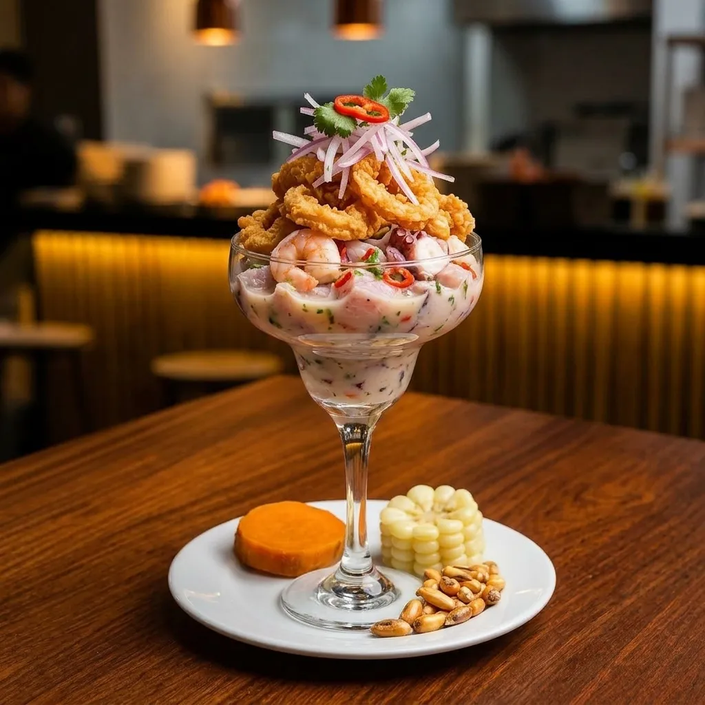 Copa potente de leche de tigre con chicharrón crocante y canchita