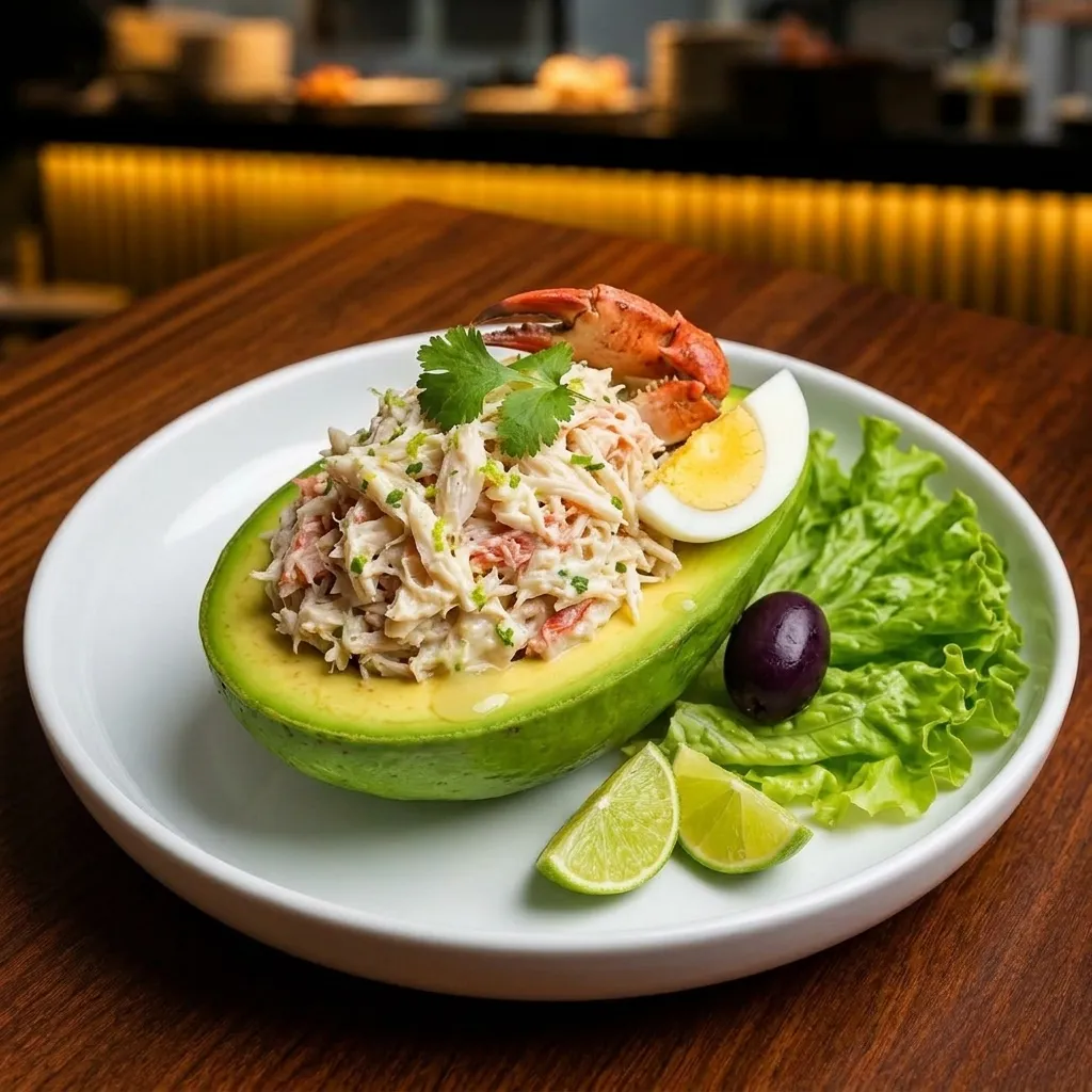 Palta suave rellena con abundante pulpa de cangrejo fresco desmenuzado