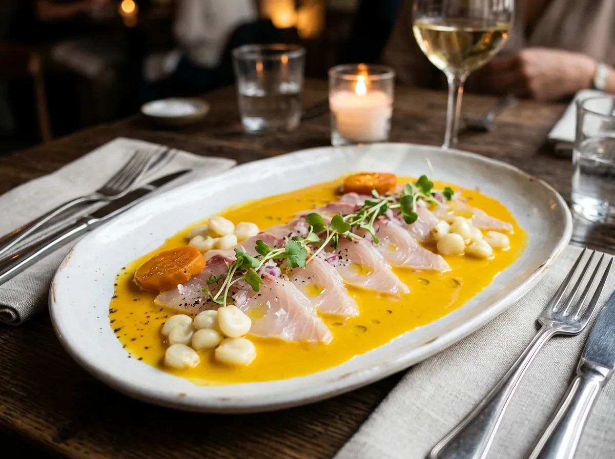 Tiradito fino en emulsión de ají amarillo sin amargor con choclo dulce